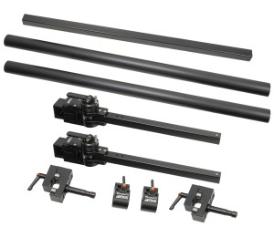 Inovativ Deploy Swing Arm Monitor Frame kit components: 30 inch vertical posts, 26 inch rail, corner clamps and swing arms
