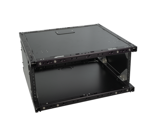 4U Rack Box 14, black 19 inch rack enclosure with 1 inch square tubing frame and side panels, front angled view