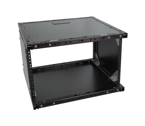 6U Rack Box 14, black 19 inch rack enclosure with 1 inch square tubing frame and side panels, front angled view