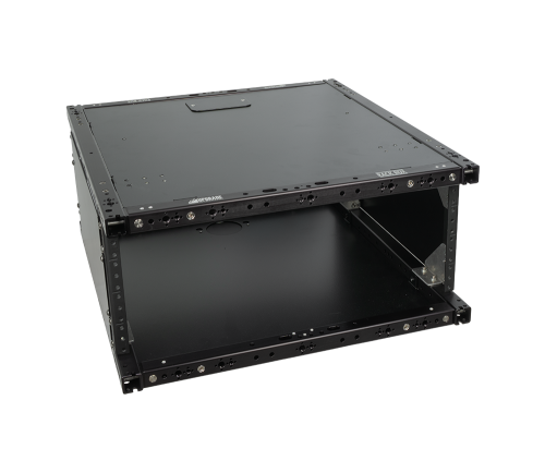 4U Rack Box 17, black 19 inch rack enclosure with 1 inch square tubing frame and side panels, front angled view