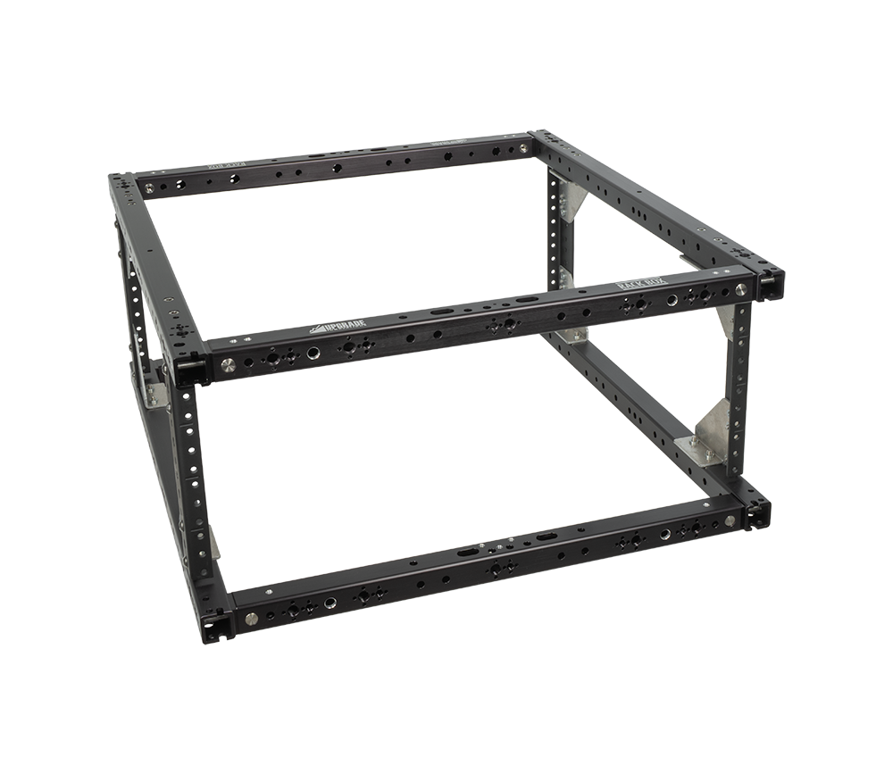 4U Rack Box 17 bare frame with all panels removed, showing the rack rails and ARRI pin-loc tubing