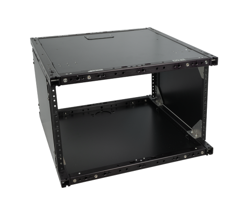 6U Rack Box 17, black 19 inch rack enclosure with 1 inch square tubing frame and side panels, front angled view