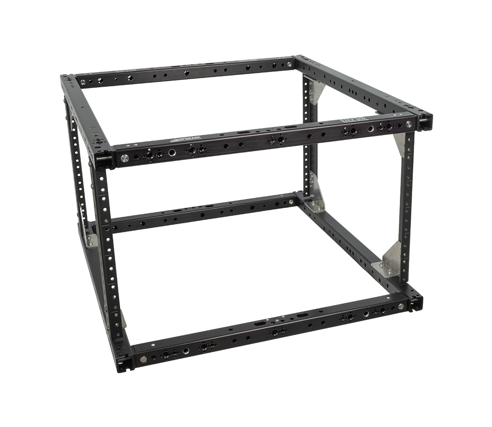 6U Rack Box 17 bare frame with all panels removed, showing the rack rails and ARRI pin-loc tubing