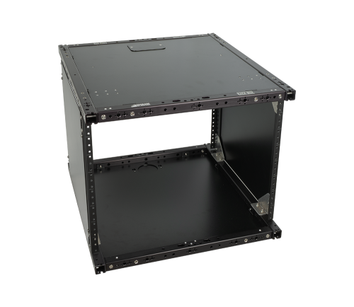 8U Rack Box 17, black 19 inch rack enclosure with 1 inch square tubing frame and side panels, front angled view
