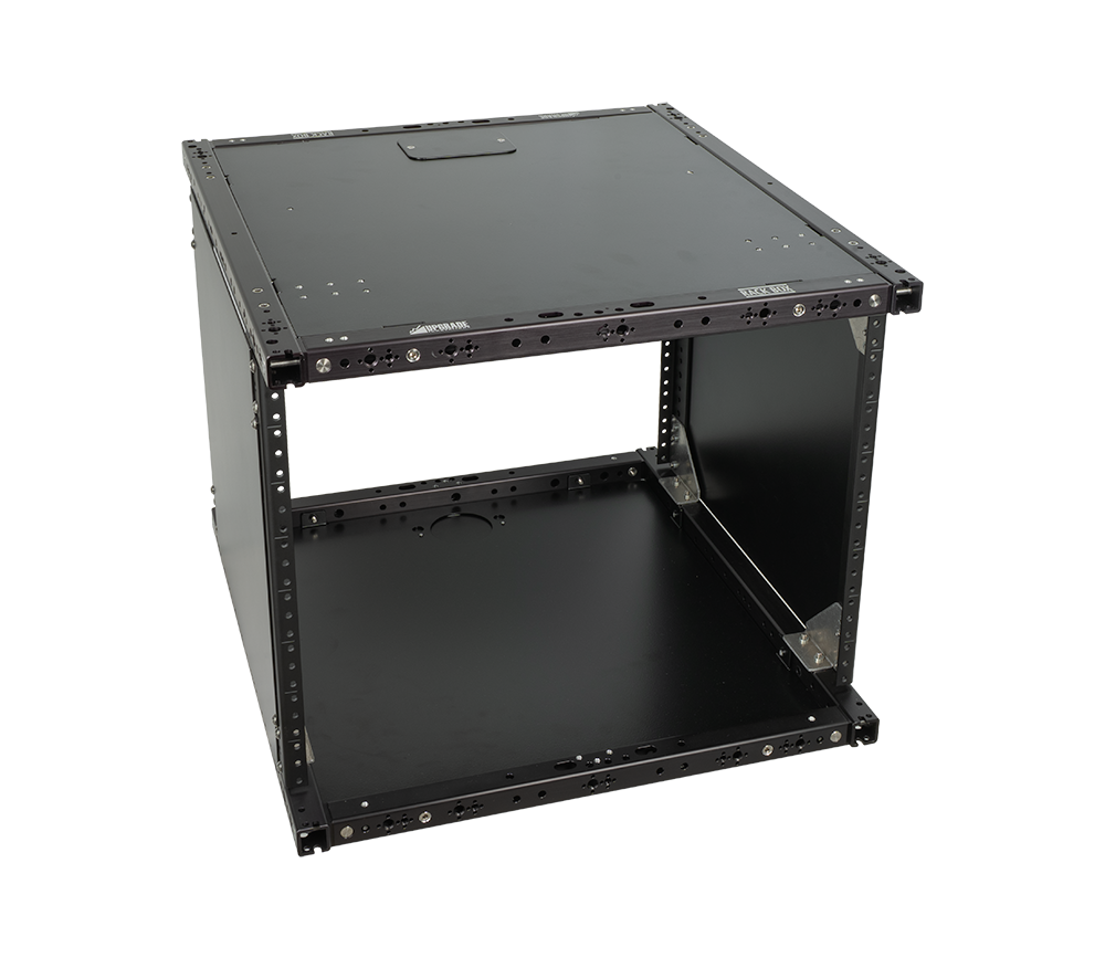 8U Rack Box 17, black 19 inch rack enclosure with 1 inch square tubing frame and side panels, front angled view