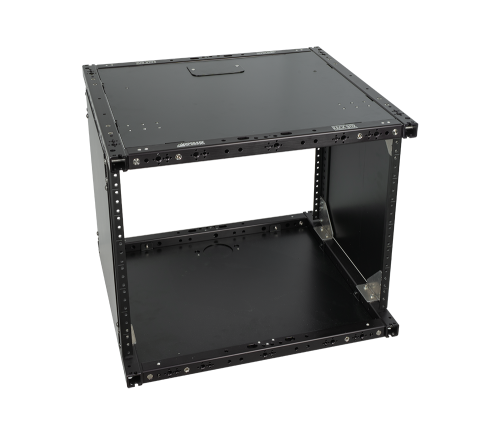 8U Rack Box 14, black 19 inch rack enclosure with 1 inch square tubing frame and side panels, front angled view