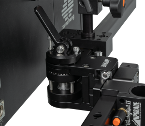 Close-up of the Monitor Swing Arm ball-lock hinge and lever on the Whaley Rail cross rail