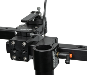 Whaley Rail Monitor Swing Arm hinge and Glide Clamp on the cross rail with a monitor mount and baby pin