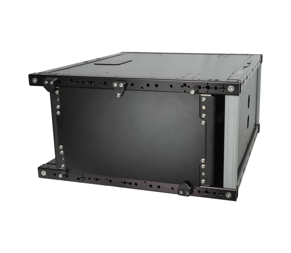 4U Rack Box with cover panel parked on the side keepers, front angled view showing the open rack