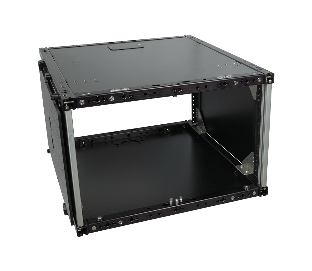 6U Rack Box with cover panel parked on the side keepers, angled view