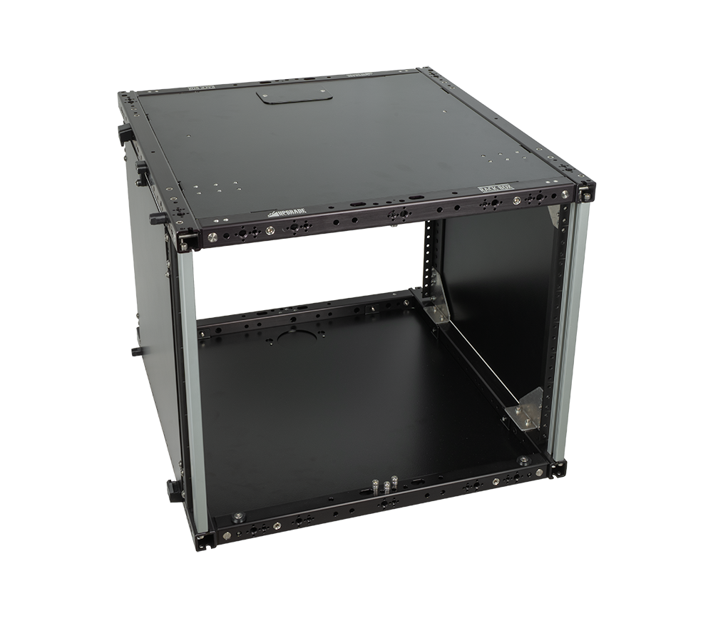 8U Rack Box with cover panel parked on the side keepers, angled view
