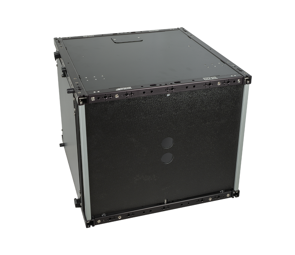 8U Rack Box with the Cover Panel installed on the front, front angled view