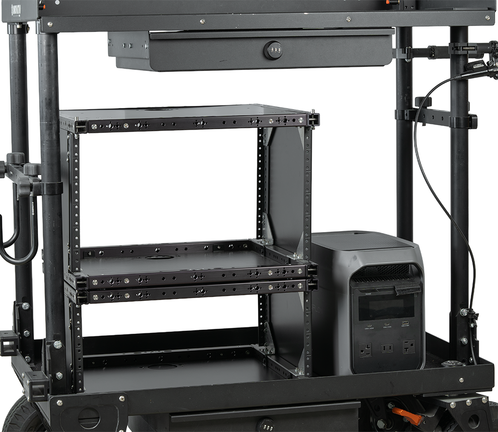 Rack Box mounted in an Apex cart under the top shelf with a power supply and rack equipment installed